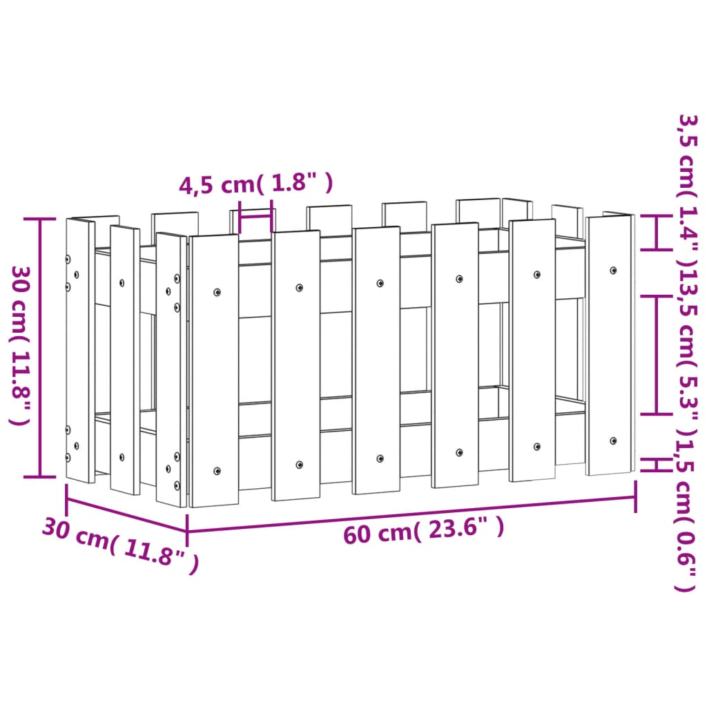 vidaXL Vrtno korito z ograjico 60x30x30 cm trdna borovina