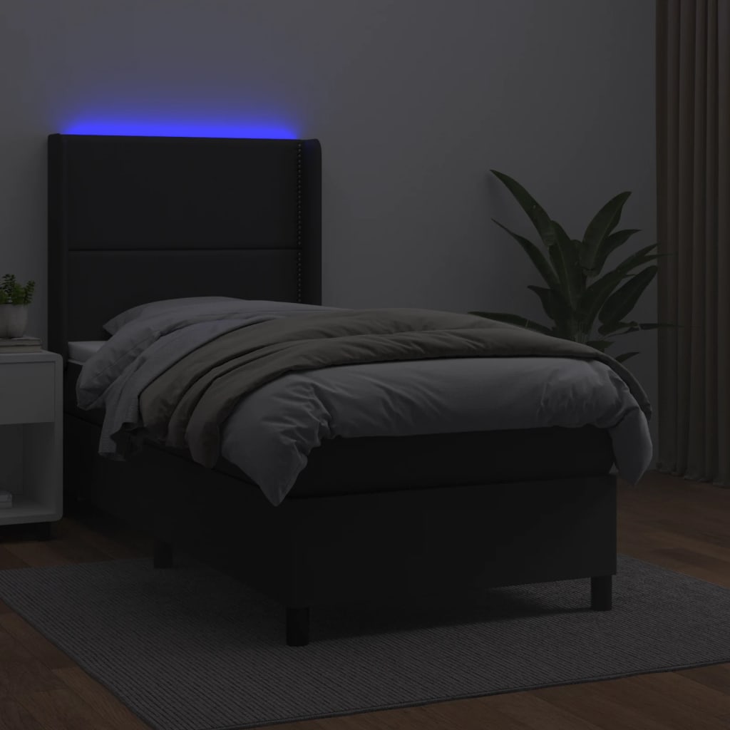 vidaXL Box spring postelja z vzmetnico LED črna 90x200 cm umetno usnje