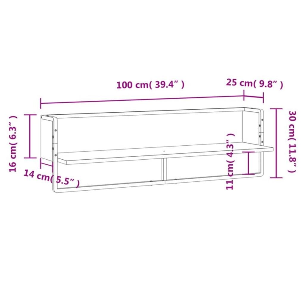 vidaXL Stenska polica s prečko siva sonoma 100x25x30 cm