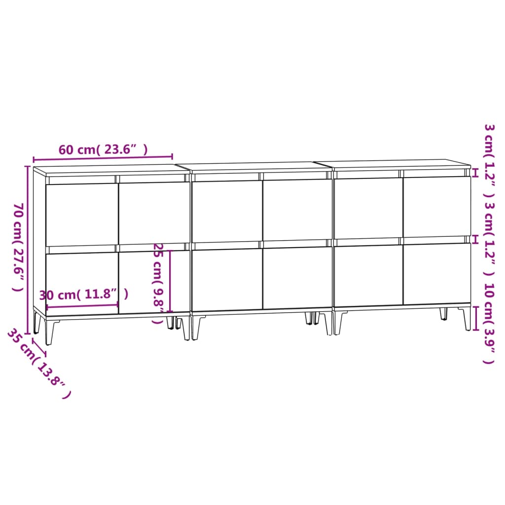 vidaXL Komoda 3 kosa siva sonoma 60x35x70 cm inženirski les