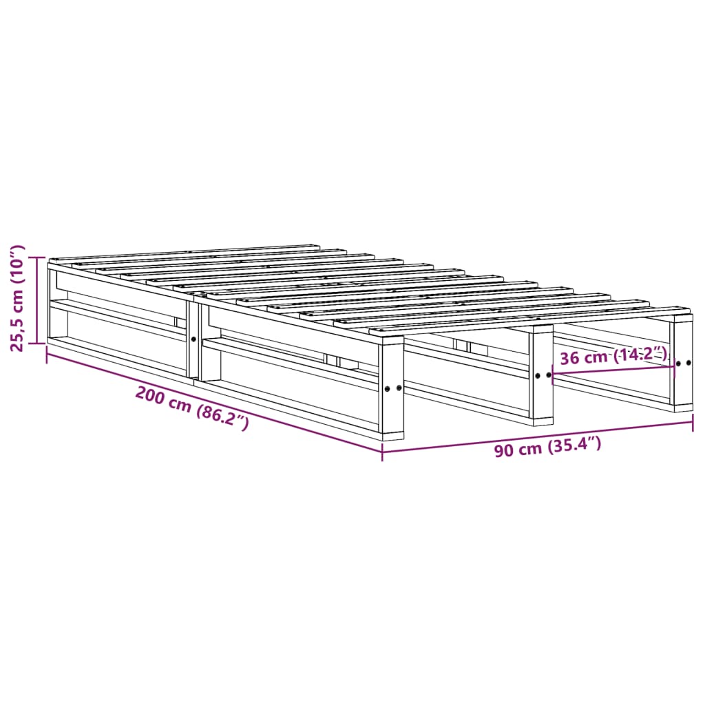 vidaXL Posteljni okvir brez vzmetnice bel 90x200 cm trdna borovina