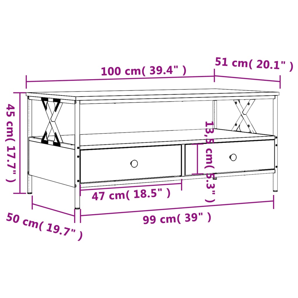 vidaXL Klubska mizica dimljeni hrast 100x51x45 cm inženirski les