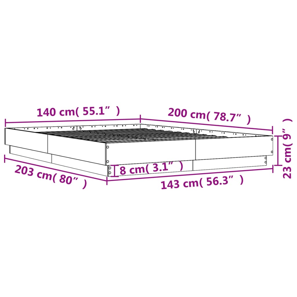 vidaXL Posteljni okvir z LED diodami rjavi hrast 140x200 cm