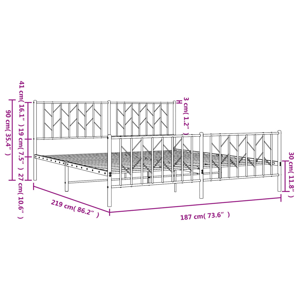 vidaXL Kovinski posteljni okvir z vzglavjem in vznožjem bel 183x213 cm