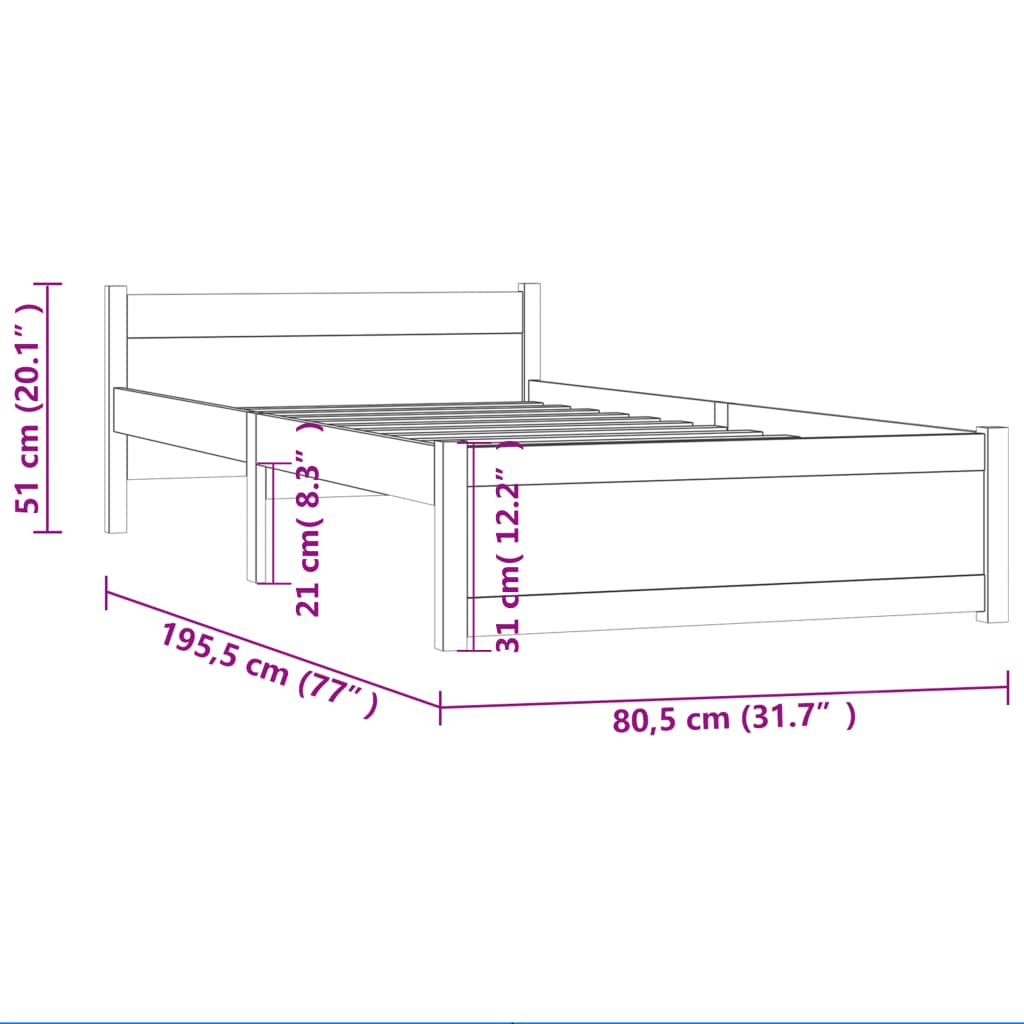 vidaXL Posteljni okvir črn iz trdnega lesa 75x190 cm