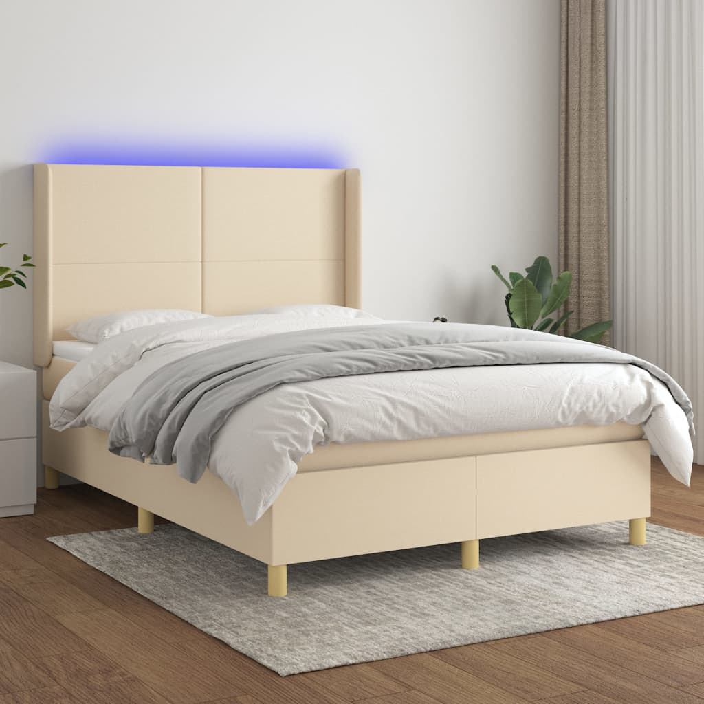 vidaXL Box spring postelja z vzmetnico LED krem 140x190 cm blago