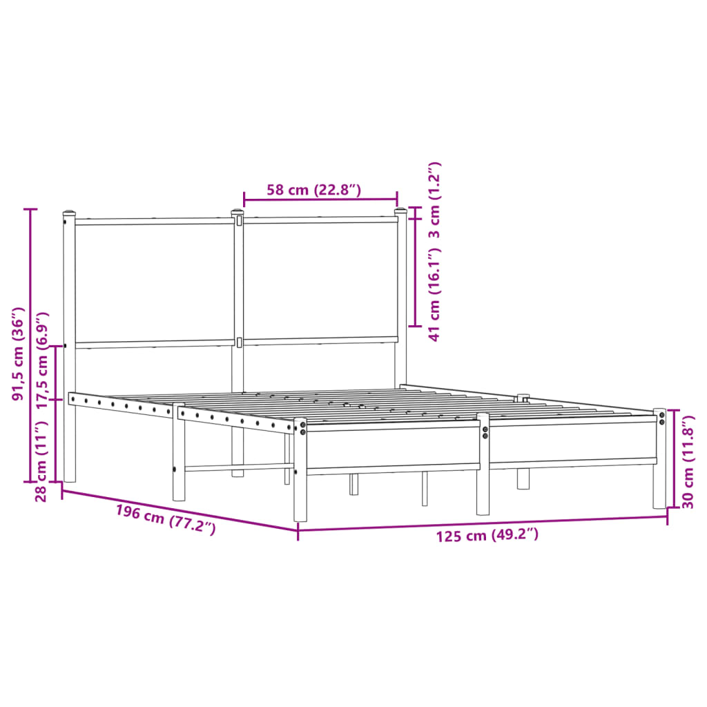 vidaXL Kovinski posteljni okvir z vzglavjem rjavi hrast 120x190 cm