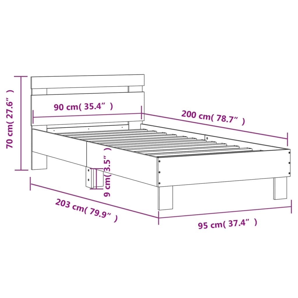 vidaXL Posteljni okvir z vzglavjem in LED sonoma hrast 90x200 cm