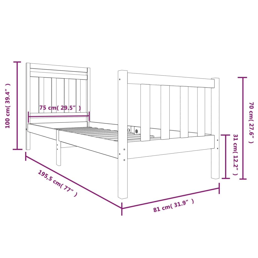 vidaXL Posteljni okvir siv 75x190 cm trden les