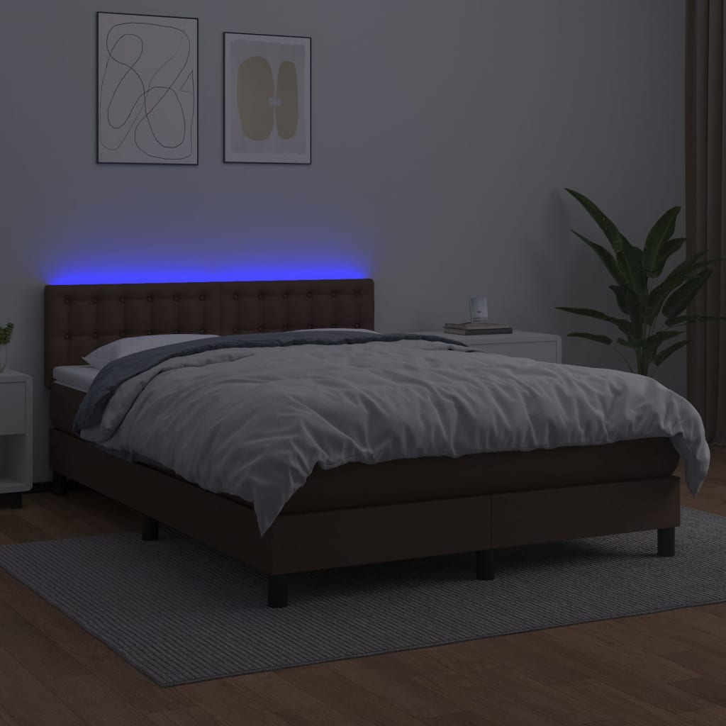 vidaXL Box spring postelja z vzmetnico LED rjava 140x200cm um. Usnje