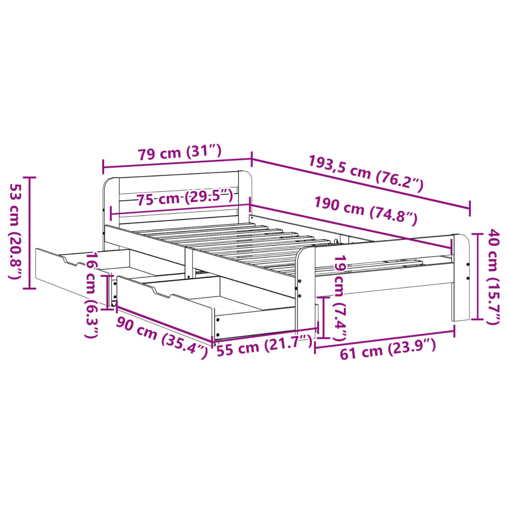 vidaXL Posteljni okvir brez vzmetnice 75x190 cm trdna borovina