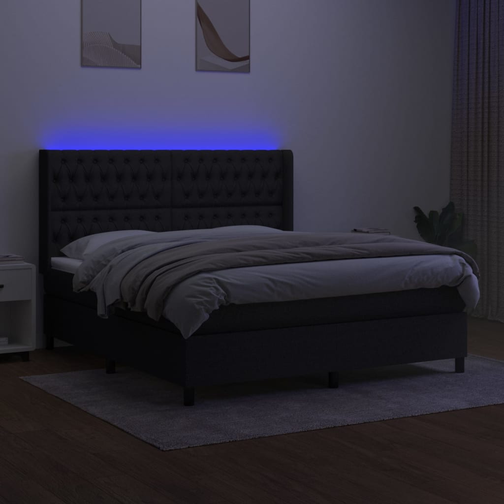 vidaXL Box spring postelja z vzmetnico LED črna 180x200 cm blago