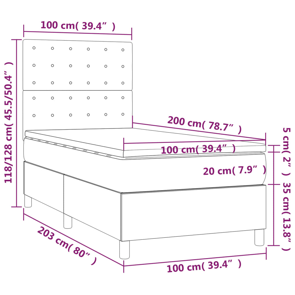 vidaXL Box spring postelja z vzmetnico LED roza 100x200 cm žamet