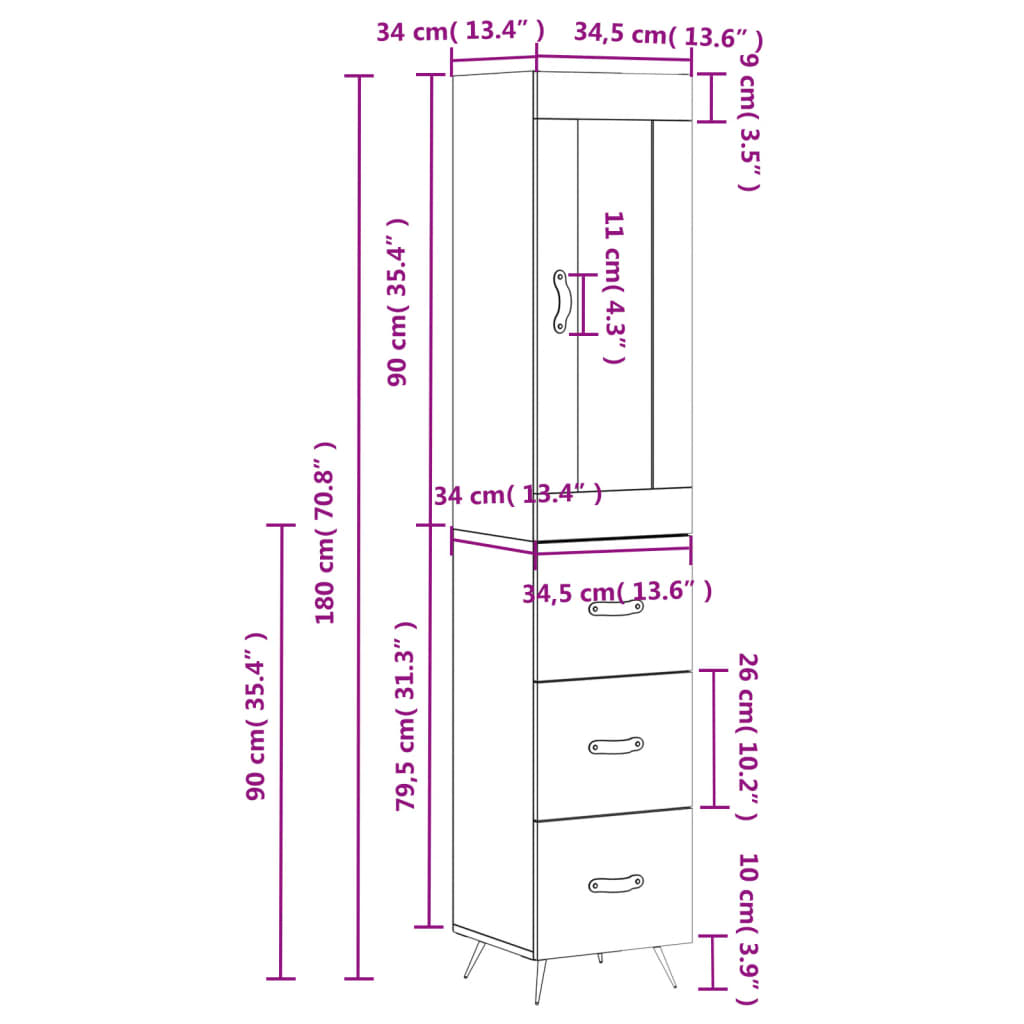 vidaXL Visoka omara betonsko siva 34,5x34x180 cm inženirski les