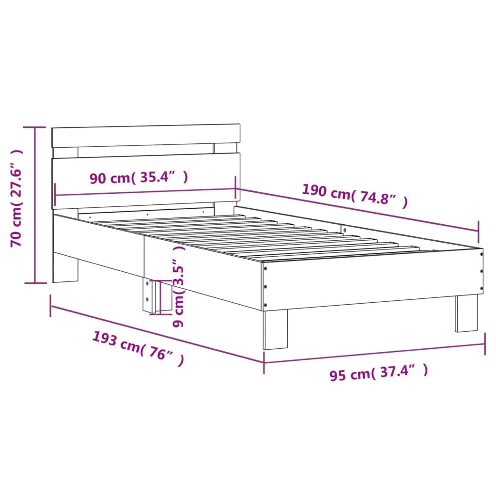 vidaXL Posteljni okvir z vzglavjem betonsko siv 90x190 cm inž. les