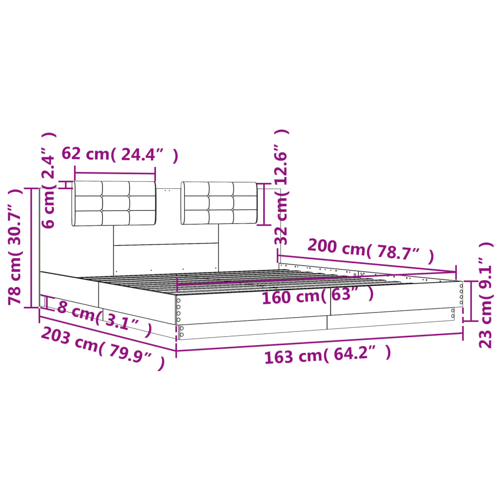 vidaXL Posteljni okvir z vzglavjem siva sonoma 160x200 cm inž. les