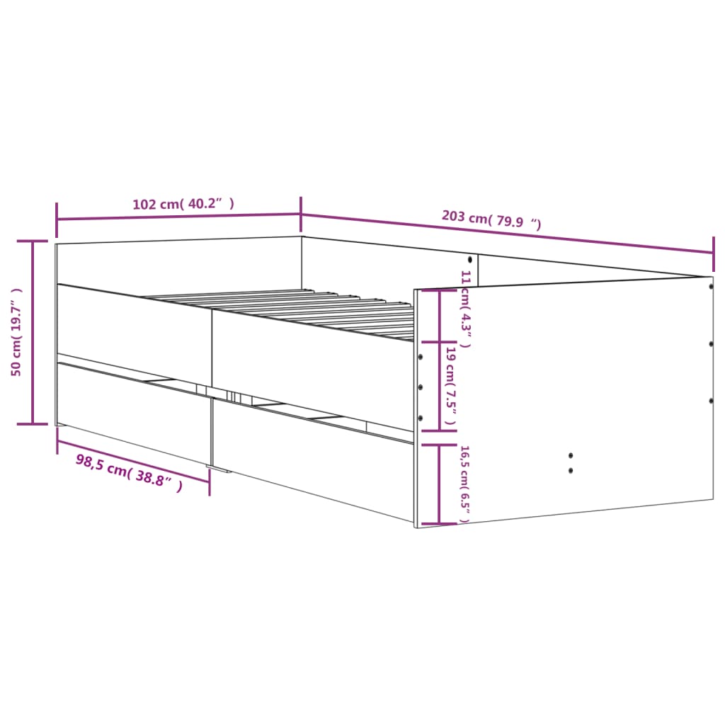 vidaXL Posteljni okvir s predali siva sonoma 100x200 cm