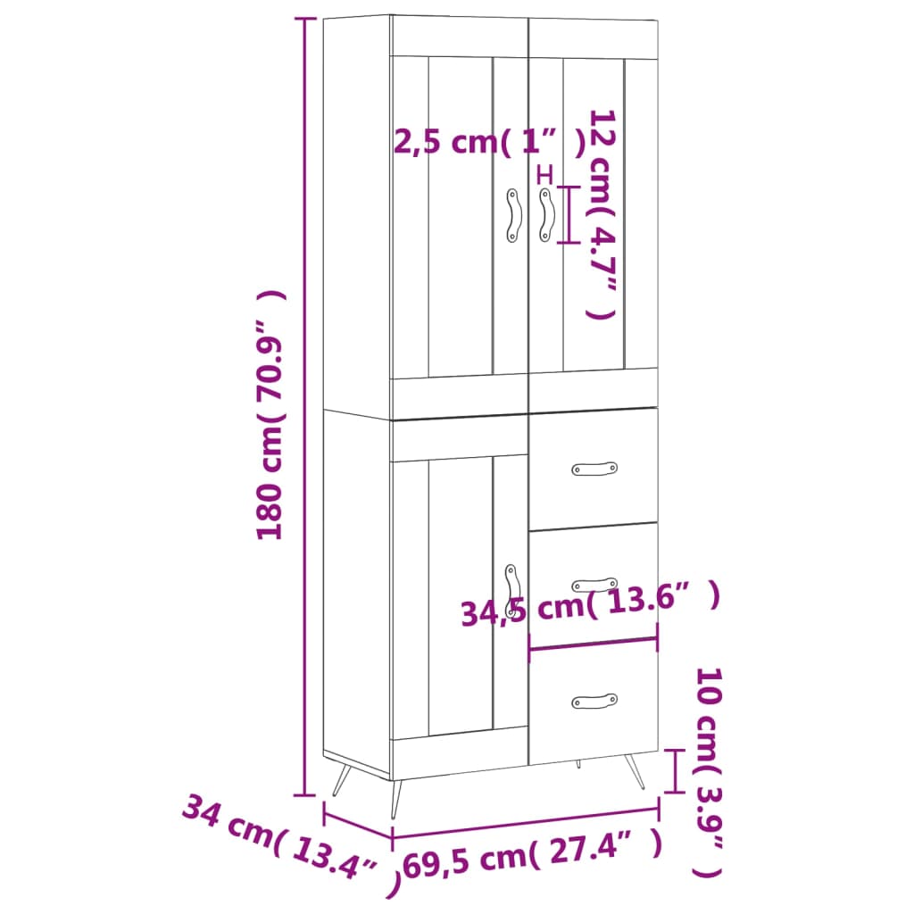 vidaXL Visoka komoda visok sijaj bela 69,5x34x180 cm inženirski les