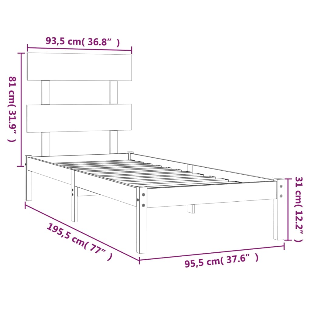 vidaXL Posteljni okvir črn iz trdnega lesa 90x190 cm