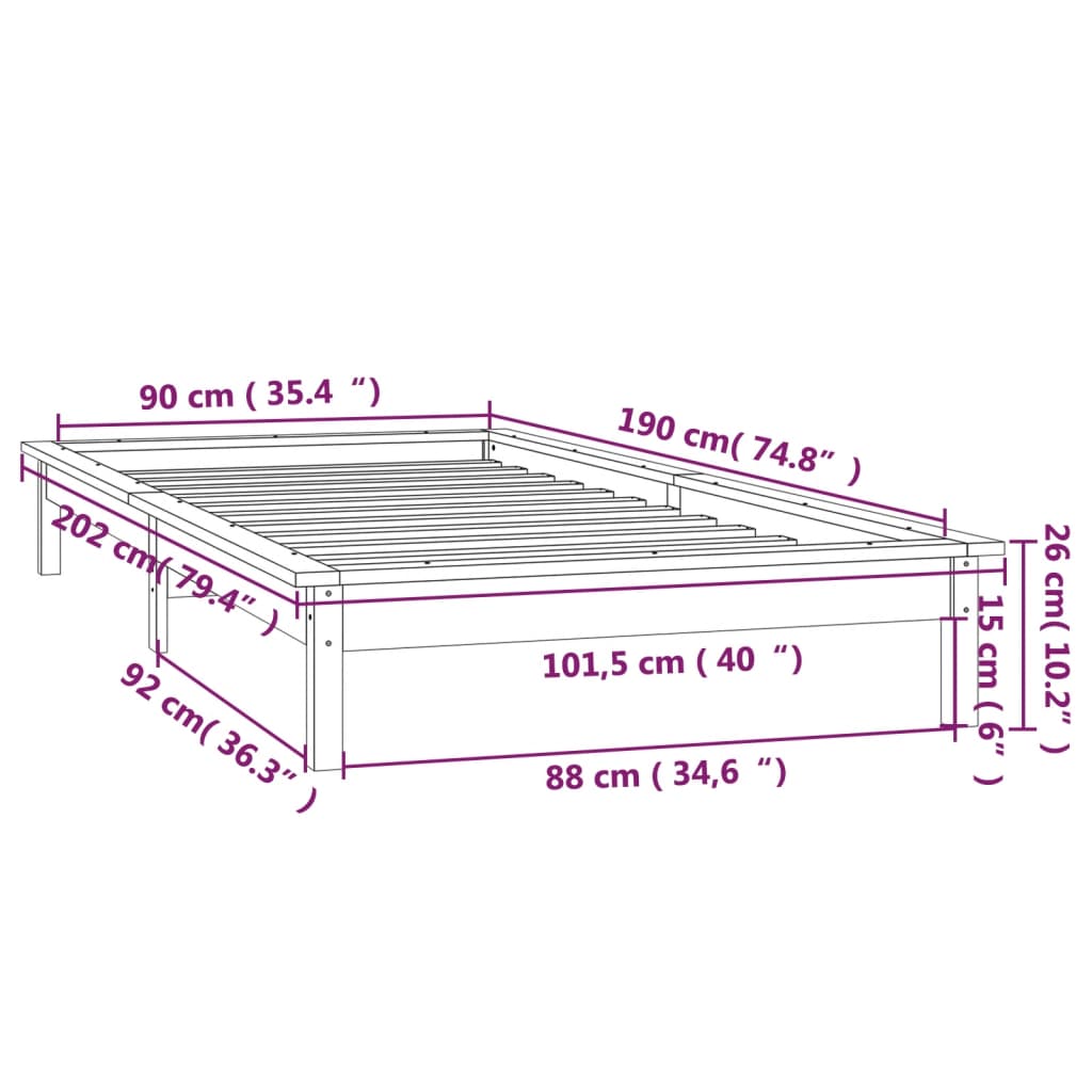 vidaXL LED posteljni okvir črn 90x190 cm trden les