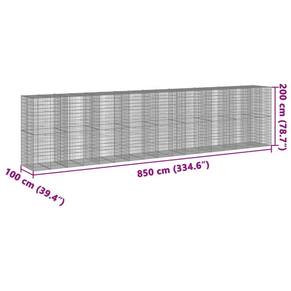 vidaXL Gabionska košara s pokrovom 850x100x200 cm pocinkano železo