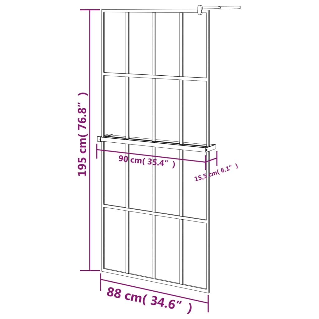 vidaXL Pregrada za tuš s polico črna 90x195 cm ESG steklo in aluminij