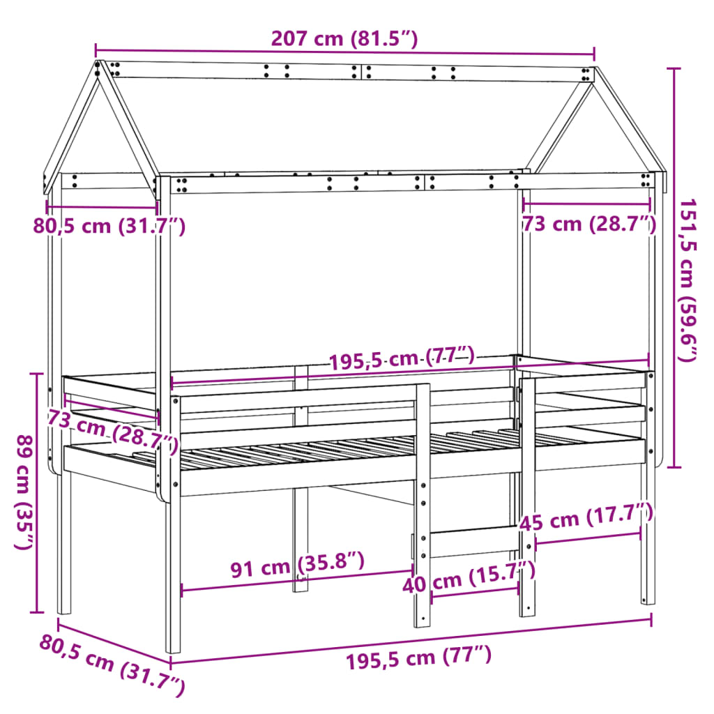 vidaXL Visoka postelja s streho voščeno rjava 75x190 cm trdna borovina