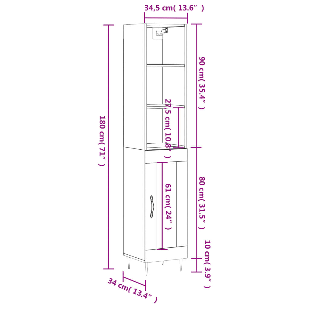 vidaXL Visoka omara betonsko siva 34,5x34x180 cm inženirski les