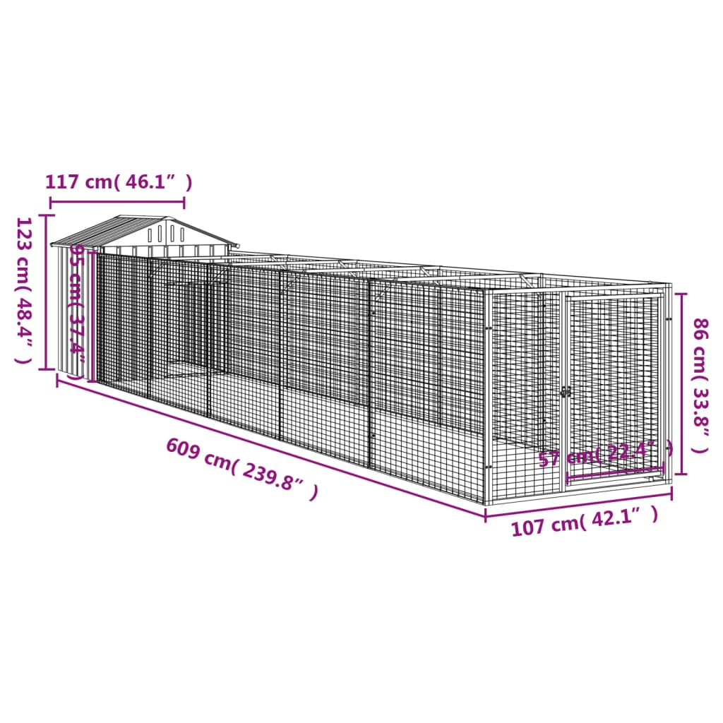 vidaXL Pasja uta s streho svetlo siva 117x609x123 cm pocinkano jeklo