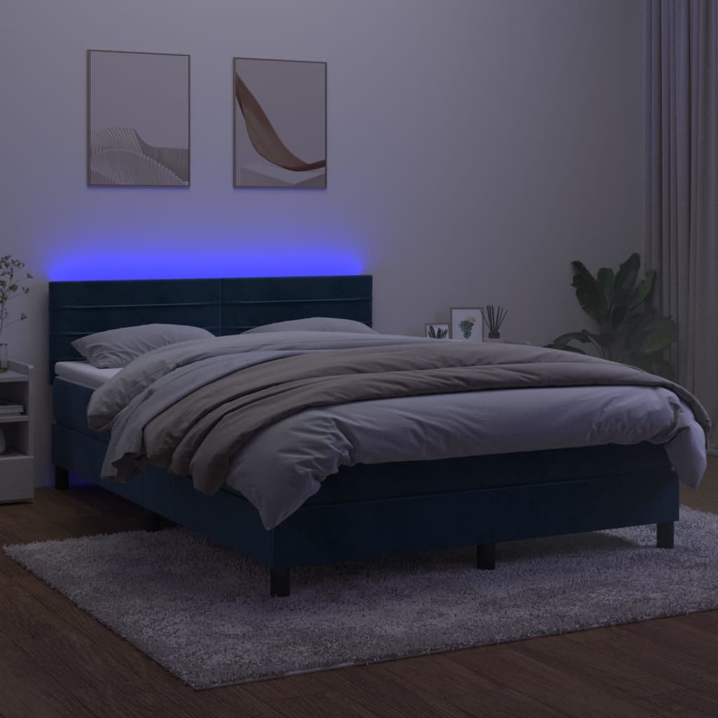 vidaXL Box spring postelja z vzmetnico LED temno modra 140x190cm žamet