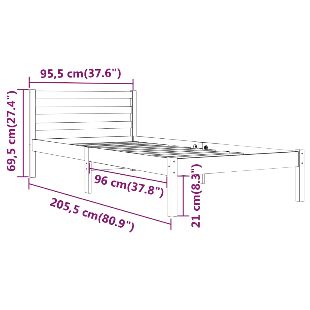 vidaXL Posteljni okvir iz trdne borovine 90x200 cm črn