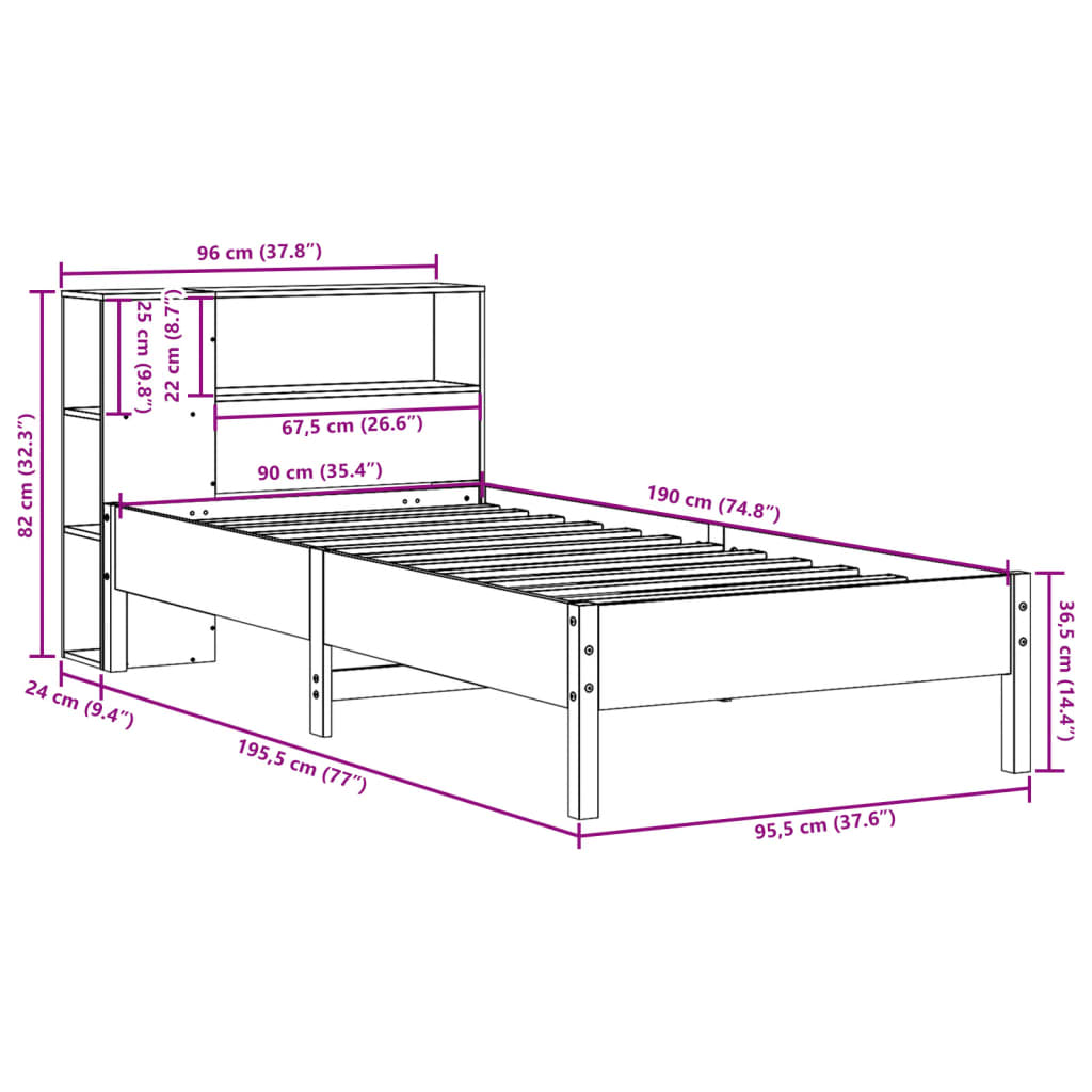 vidaXL Knjižna postelja brez vzmetnice 90x190 cm trdna borovina