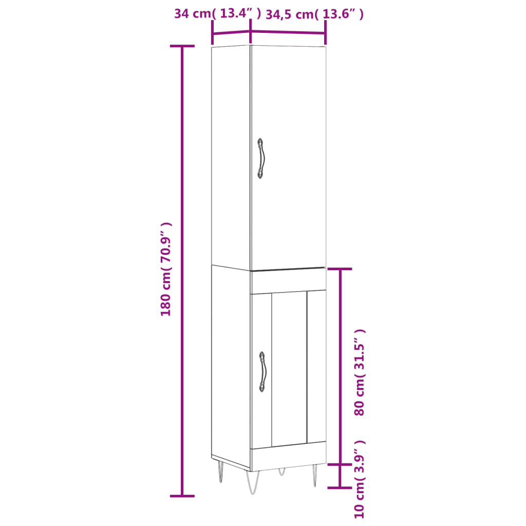 vidaXL Visoka omara bela 34,5x34x180 cm inženirski les