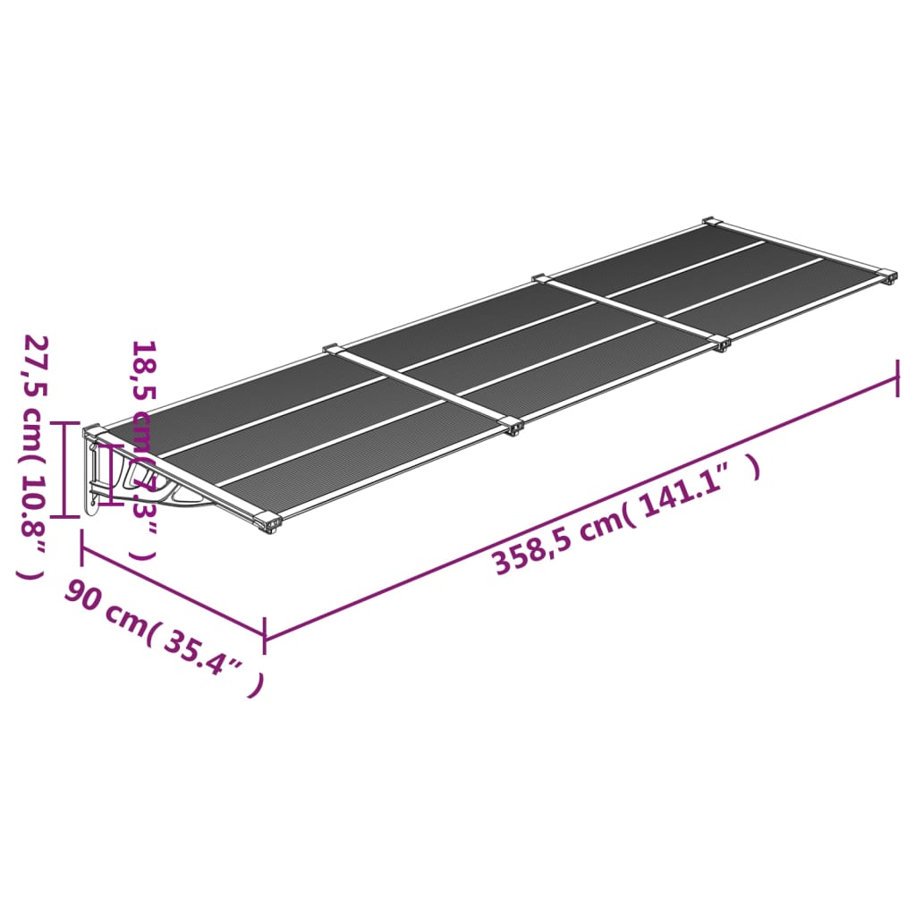 vidaXL Nadstrešek za vrata črn in prozoren 358,5x90 cm polikarbonat