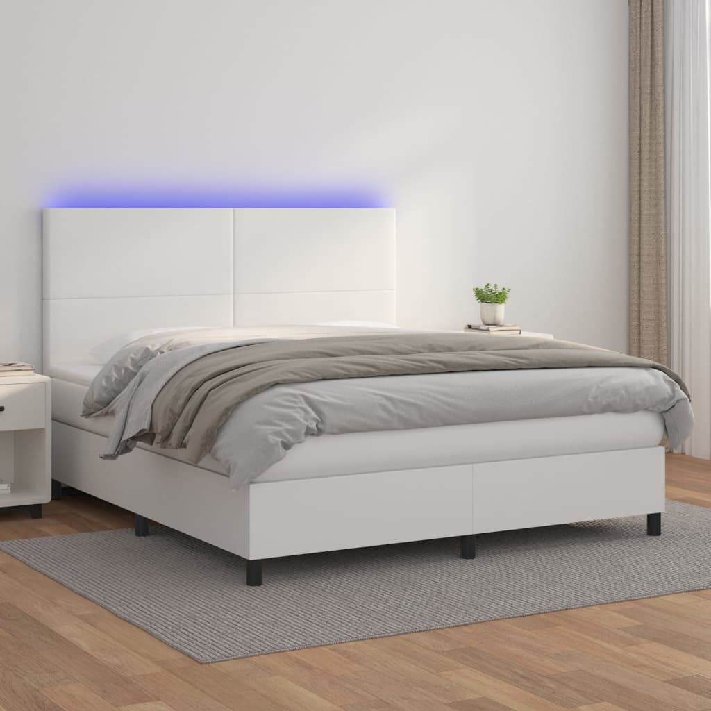 vidaXL Box spring postelja z vzmetnico LED bela 160x200cm umetno usnje