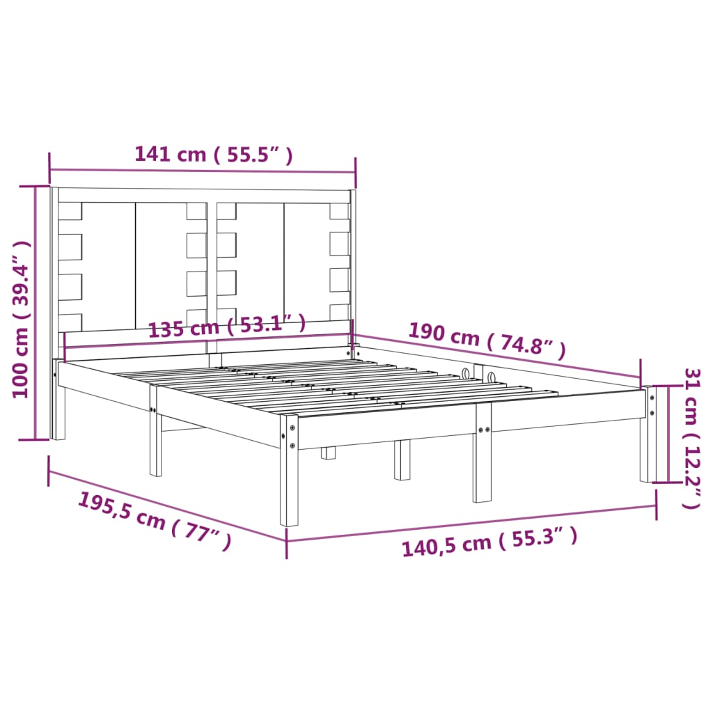 vidaXL Posteljni okvir bel iz trdnega lesa 135x190 cm