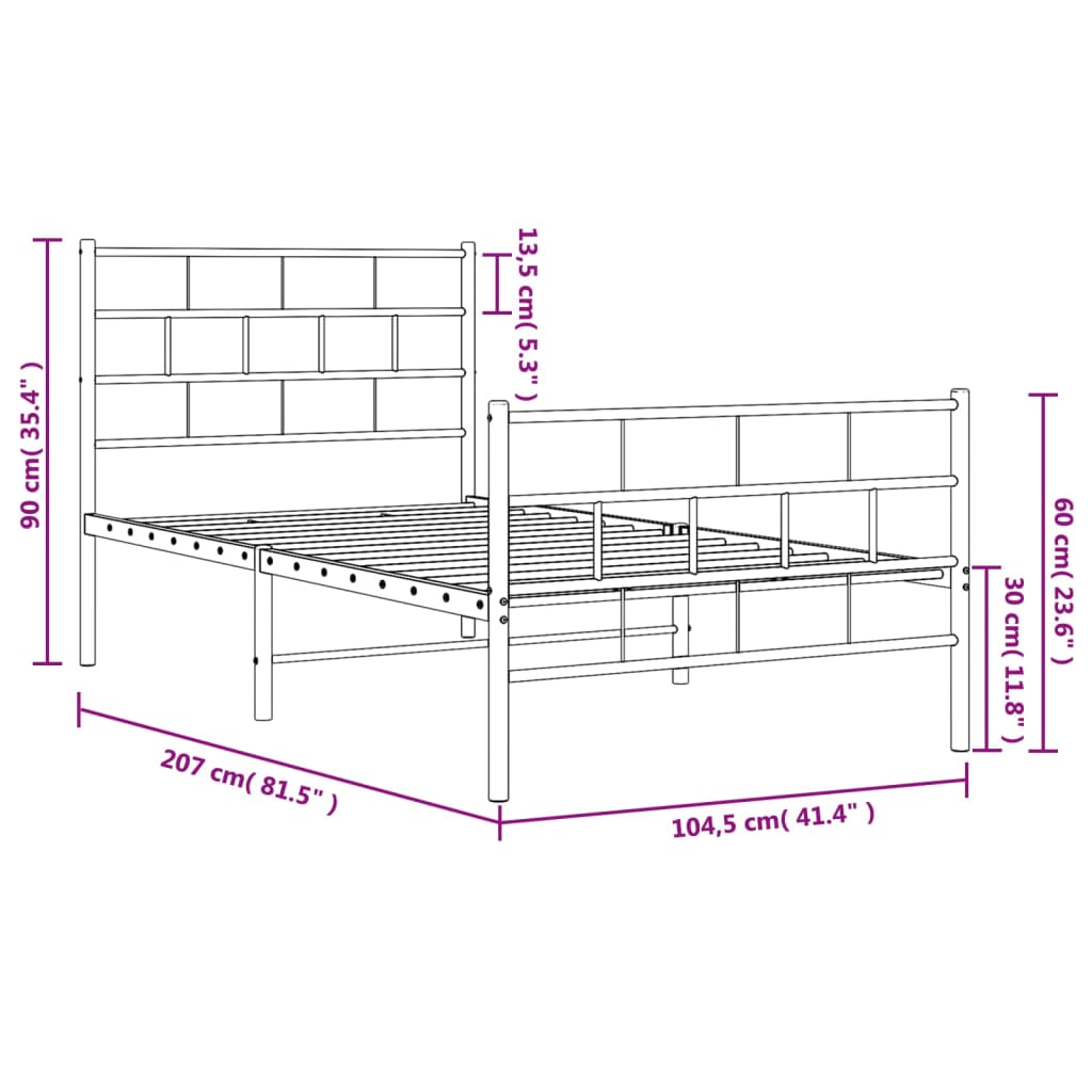 vidaXL Kovinski posteljni okvir z vzglavjem in vznožjem črn 100x200 cm