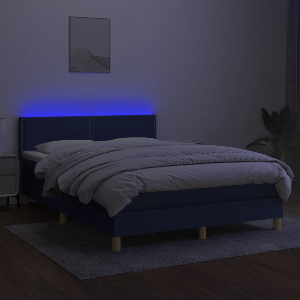 vidaXL Box spring postelja z vzmetnico LED modra 140x200 cm blago