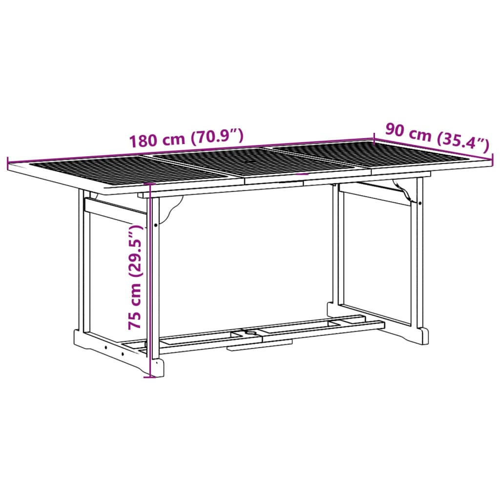 vidaXL Vrtna jedilna garnitura 7-delna 180x90x75 cm trden akacijev les