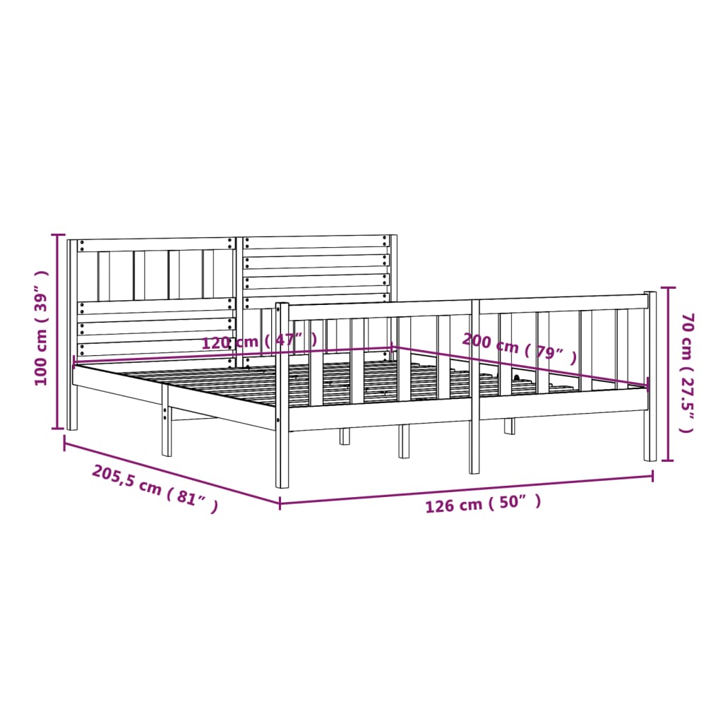 vidaXL Posteljni okvir črn iz trdnega lesa 120x200 cm