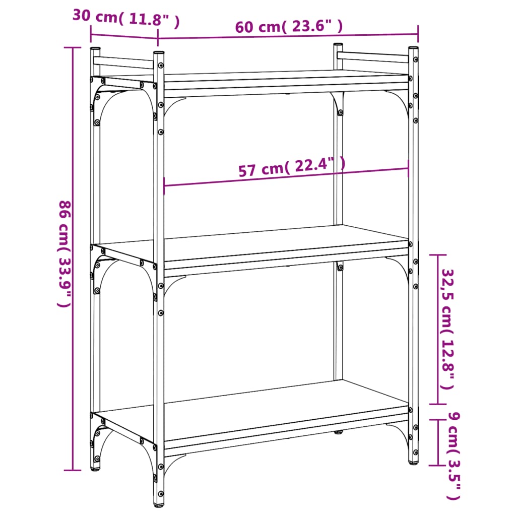 vidaXL Knjižna omara 3-nadstropna rjavi hrast 60x30x86 cm inž. les