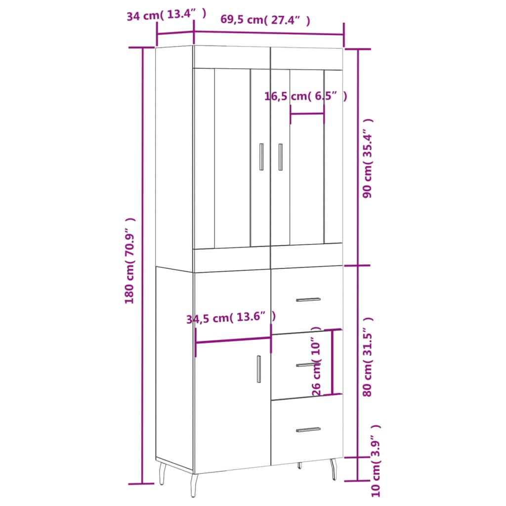 vidaXL Visoka komoda črna 69,5x34x180 cm inženirski les