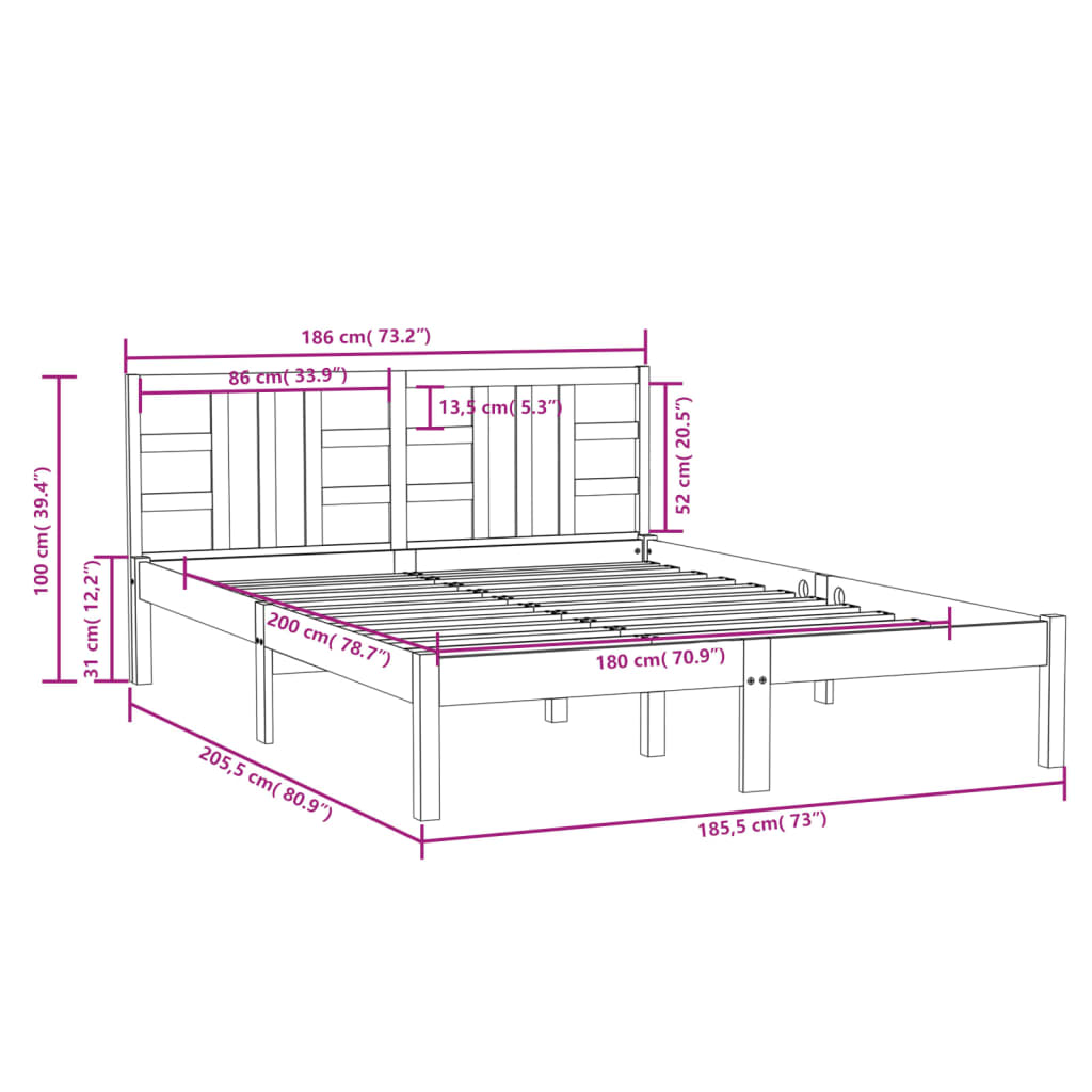 vidaXL Posteljni okvir bel iz trdnega lesa 180x200 cm