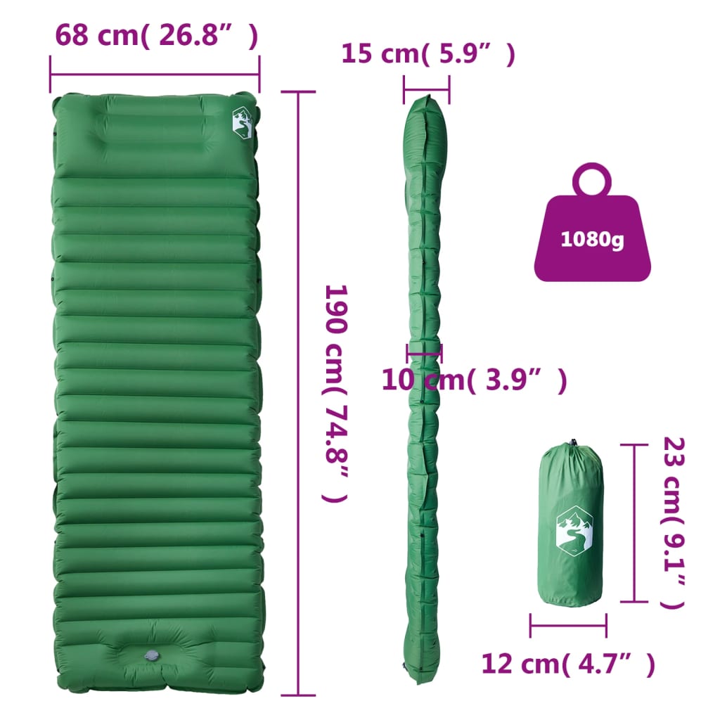 vidaXL Samonapihljivo ležišče za kampiranje z blazino 1 osebo zeleno