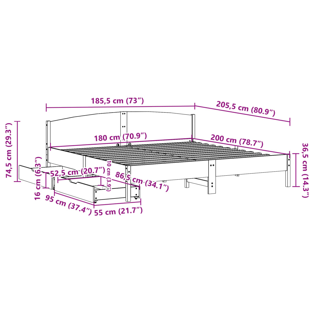 vidaXL Posteljni okvir brez vzmetnice bel 180x200 cm trdna borovina