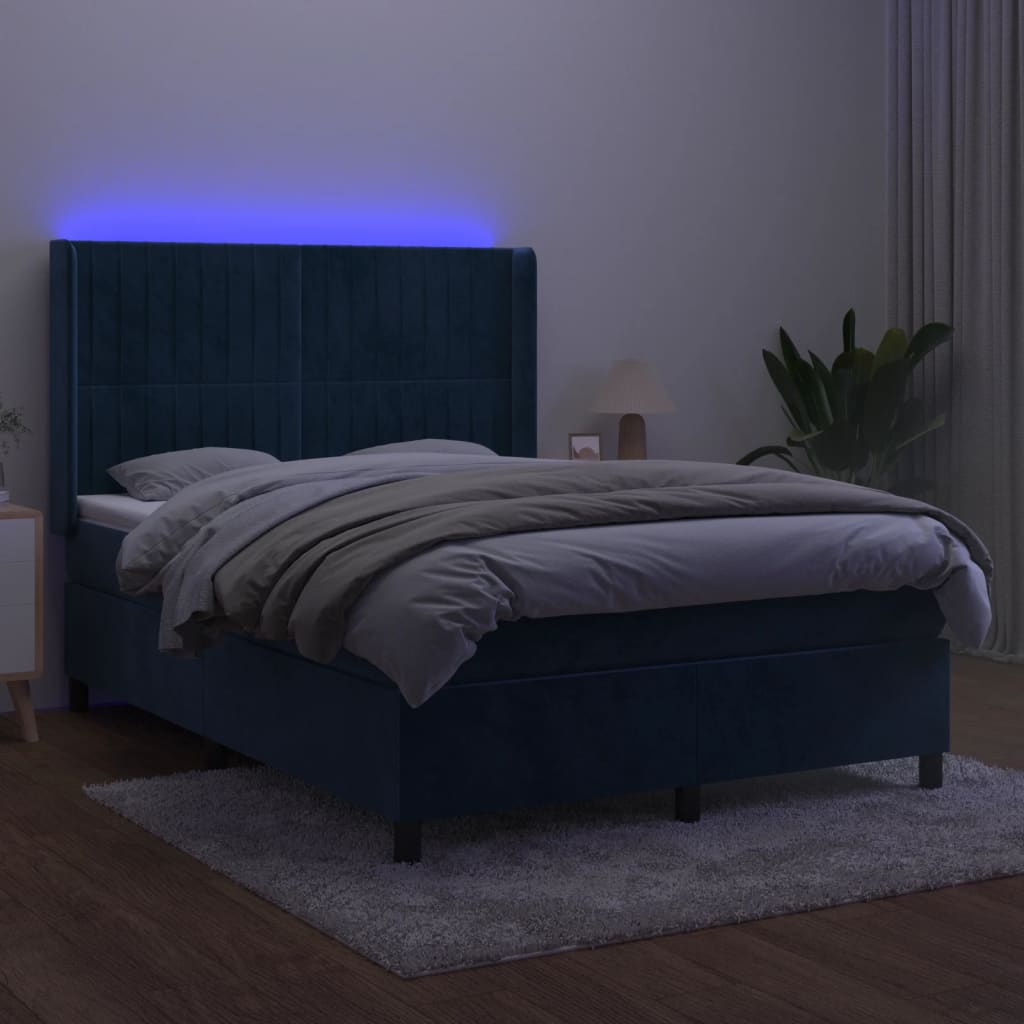 vidaXL Box spring postelja z vzmetnico LED temno modra 140x190cm žamet