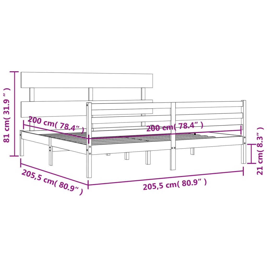 vidaXL Posteljni okvir z vzglavjem bel 200x200 cm trden les