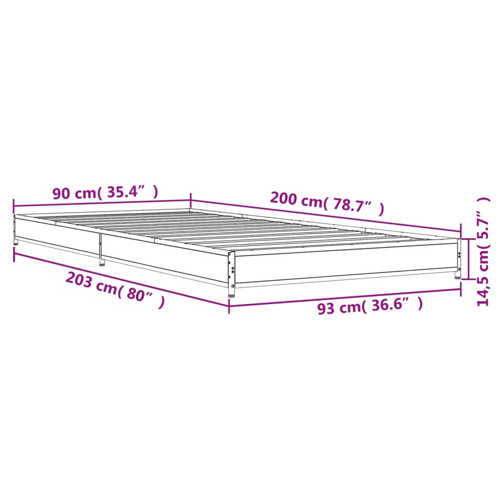 vidaXL Posteljni okvir sonoma hrast 90x200 cm inženirski les in kovina