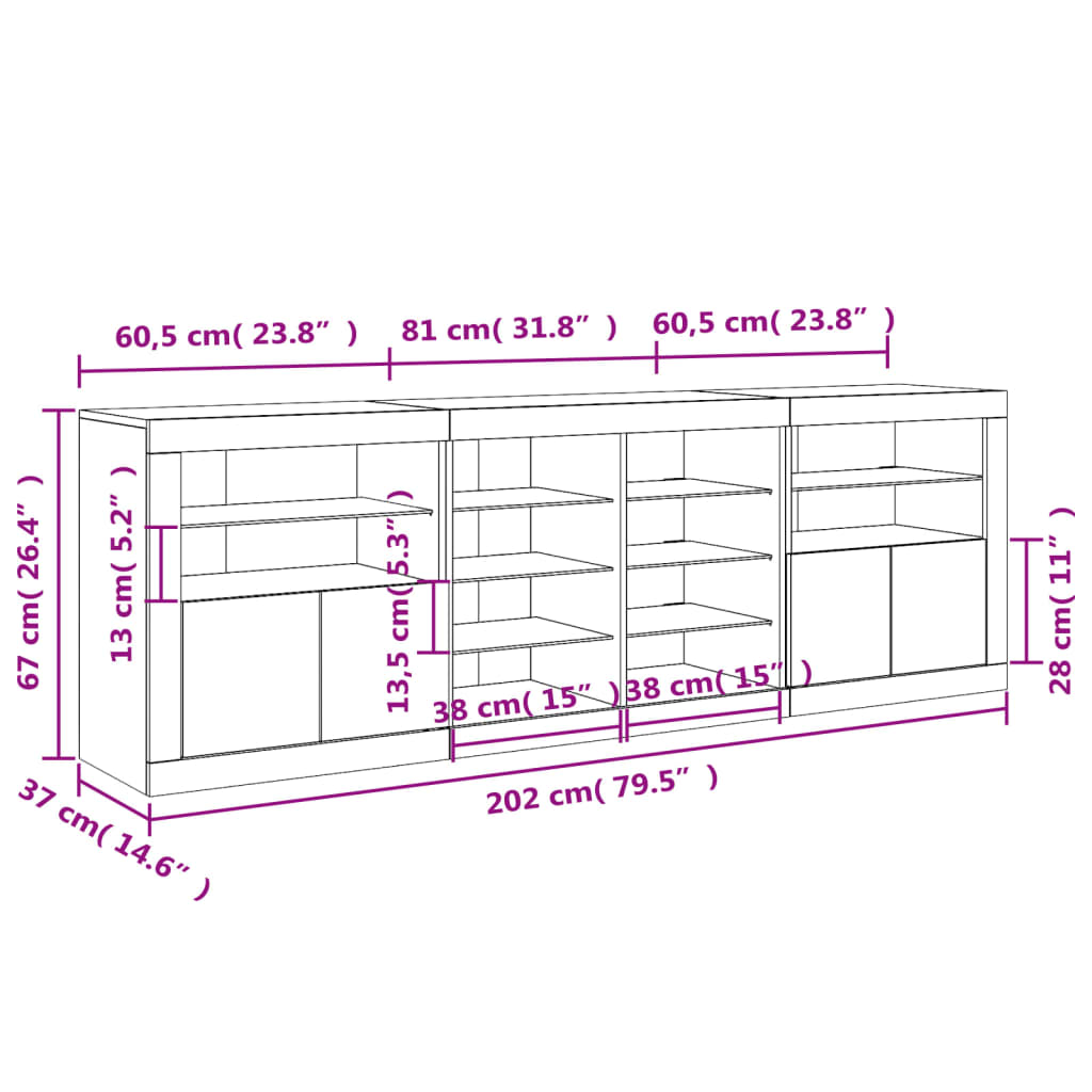 vidaXL Komoda z LED diodami bela 202x37x67 cm