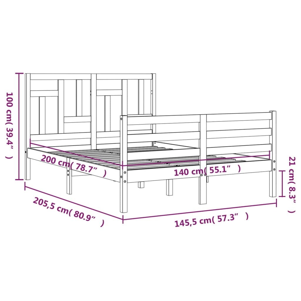 vidaXL Posteljni okvir z vzglavjem bel 140x200 cm trden les